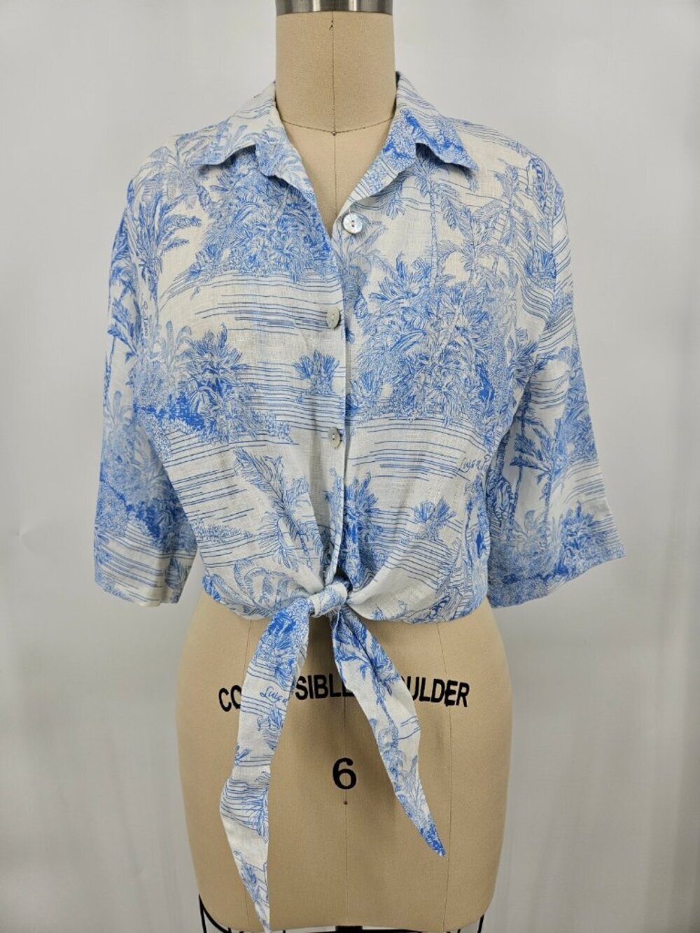 New Luisa Positano Linen Tania Top One Size Blue White Toile Tie Front Italy